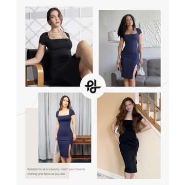 Popilush Black Summer Cocktail Midi Dresses for Women Shapewear Bodycon Short Sleeve Square Neck Dre...