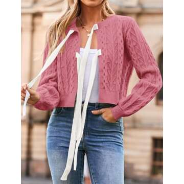 ZESICA Women's Cardigan Sweaters Fall Winter Long Sleeve Tie Front Cable Knit Chunky Cropped Outerwear Coat,Hot Pink,Large