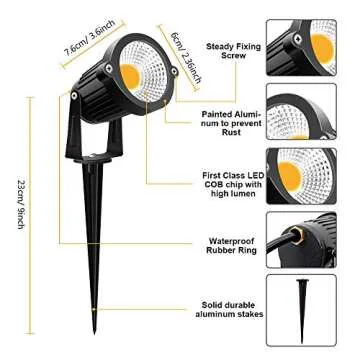 ZUCKEO Low Voltage Landscape Lights 5W LED Landscape Lighting 12V 24V Outdoor Spotlights Waterproof Garden Decorative Landscaping Warm White Lights for Patio Garden Pathway Floor Yard Decor(6 Pack)