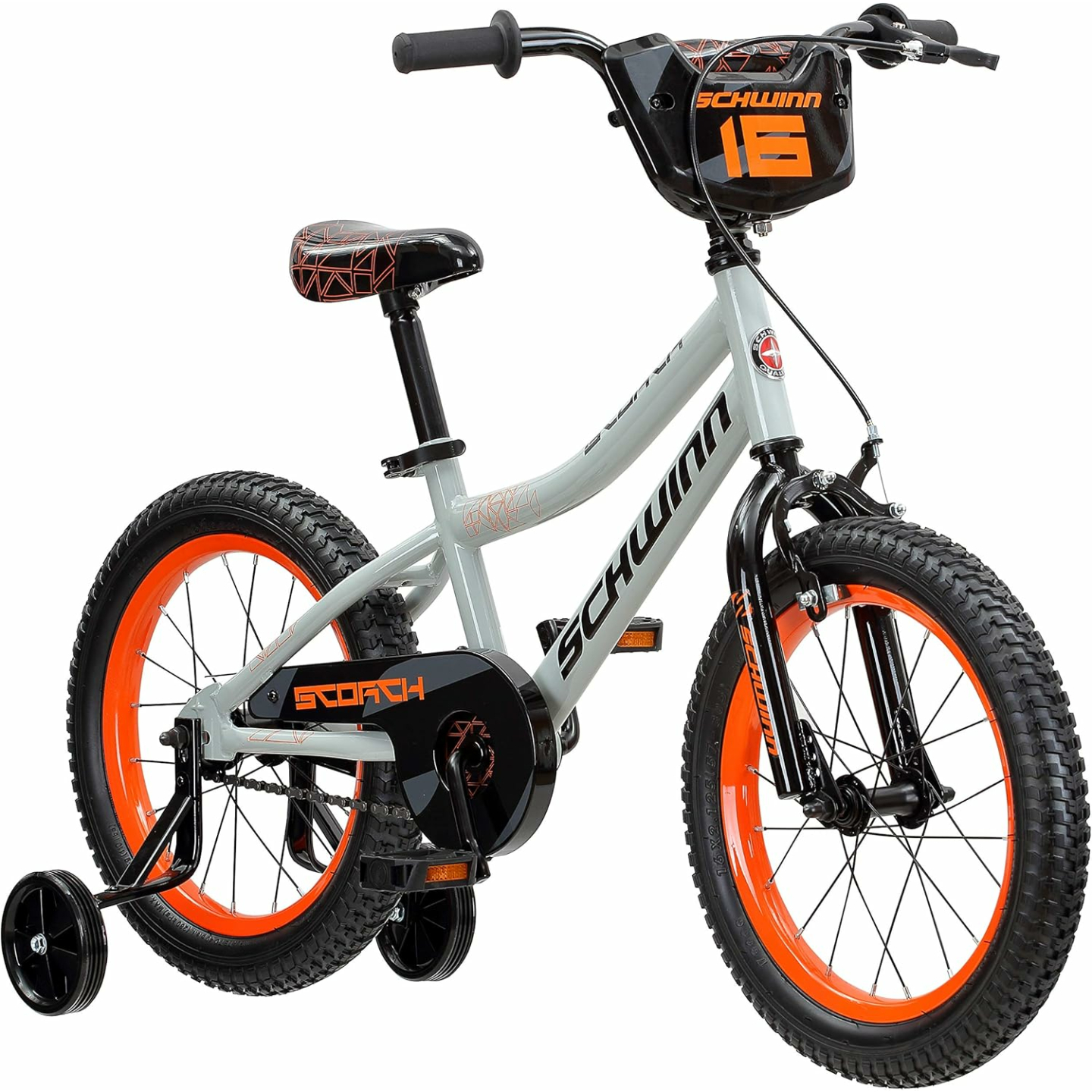 Schwinn Scorch BMX Style Kids Bike, For Boys and Girls Ages 3-7 Years, 16-Inch Wheels, Training Wheels Included, Cross Bar Pad and Number Plate, Rider Height 38 to 48 Inches, Grey
