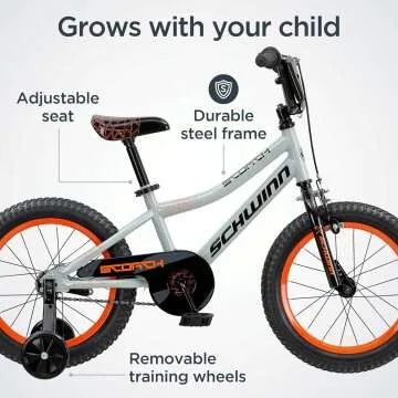 Schwinn Scorch BMX Style Kids Bike, For Boys and Girls Ages 3-7 Years, 16-Inch Wheels, Training Wheels Included, Cross Bar Pad and Number Plate, Rider Height 38 to 48 Inches, Grey