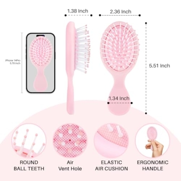 RHOS Mini Hair Brush for Women,Men and Kids-Travel Size Hair Brush for Purse,Pocket,backpack-Small Cushion Paddle Brush with Soft Bristles-Mini Detangler Brush for All Hair Types(1 Pack-Pink)