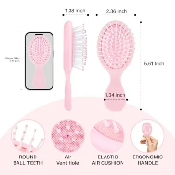 RHOS Mini Hair Brush for Women,Men and Kids-Travel Size Hair Brush for Purse,Pocket,backpack-Small Cushion Paddle Brush with Soft Bristles-Mini Detangler Brush for All Hair Types(1 Pack-Pink)