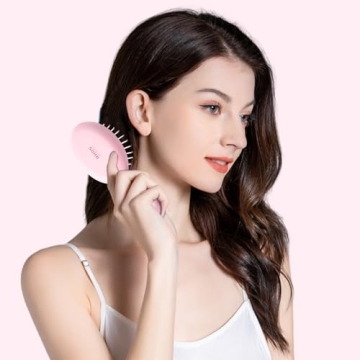RHOS Mini Hair Brush for Women,Men and Kids-Travel Size Hair Brush for Purse,Pocket,backpack-Small Cushion Paddle Brush with Soft Bristles-Mini Detangler Brush for All Hair Types(1 Pack-Pink)