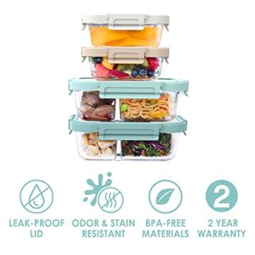 Bentgo Glass Leak-Proof Meal Prep Set - 8-Piece Lunch & Snack 1 & 2-Compartment Glass Food Containers with Glass Lids - Reusable, BPA-Free, Microwave, Freezer, Oven & Dishwasher Safe (Coastal)
