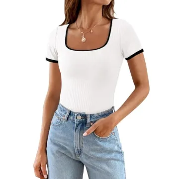 PRETTYGARDEN Women's Summer Short Sleeve T Shirts Ribbed Knit Square Neck Color Block Slim Fit Basic...