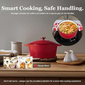 Overmont Enameled Cast Iron Dutch Oven - 5.5QT Pot with Lid Cookbook & Cotton Potholders - Heavy-Duty Cookware for Braising, Stews, Roasting, Bread Baking red