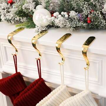 DOYOLLA Christmas Stocking Holders Xmas Fireplace Hanger Hooks Holiday Mantel Garland Clips Metal Grips Set of 4(Gold)