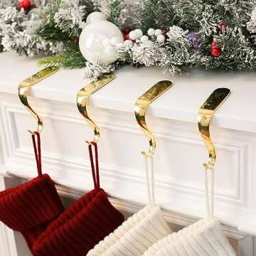 DOYOLLA Christmas Stocking Holders Xmas Fireplace Hanger Hooks Holiday Mantel Garland Clips Metal Grips Set of 4(Gold)