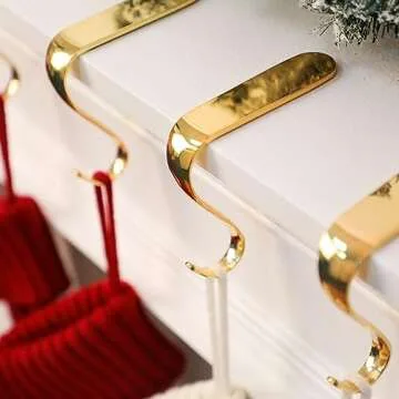 DOYOLLA Christmas Stocking Holders Xmas Fireplace Hanger Hooks Holiday Mantel Garland Clips Metal Grips Set of 4(Gold)