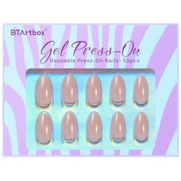 BTArtbox Press On Nails Almond - Short Nude Natural Nails Press Ons, Glue On Nails for Wedding Birthday Gift, Supremely Fit & Glossy Stick On Nails in 15 Sizes - 30 Nail Kit, Nudies