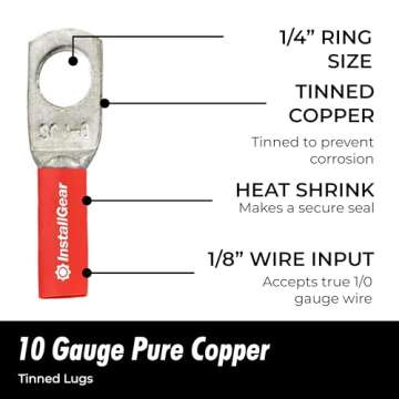 InstallGear 10 Gauge AWG Tinned Pure Copper Lugs Ring Terminals Connectors with Heat Shrink - 10-Pack | Electrical Connectors, Heat Shrink Wire Connectors for 10 Gauge Wire
