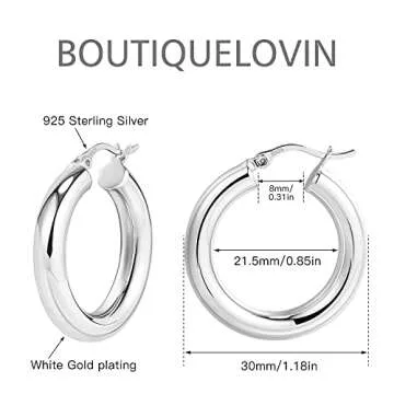 925 Sterling Silver Post Chunky Hoop Earrings | 30mm Sterling Silver Post Leverback Medium Hoops for Women | Everyday Tube Hoops (Silver, 30)