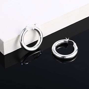 925 Sterling Silver Post Chunky Hoop Earrings | 30mm Sterling Silver Post Leverback Medium Hoops for Women | Everyday Tube Hoops (Silver, 30)