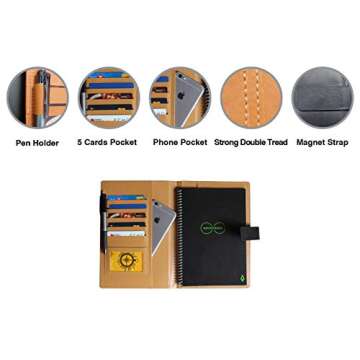 Thegreen Hard PU leather Cover For The Rocketbook Core Letter Size,black PU Leather Fabric, Pen Loop Holder/Phone Pocket/fits A5 8''x11'iches,Magnet Strap (Black, Letter Size)