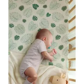 Blissful Diary Muslin Crib Sheets for Girl Boy, Boho Neutral Soft Cotton Baby Sheet for 52''x28'' Standard Crib Mattress, 2 Pack(Monstera&Dark Green)