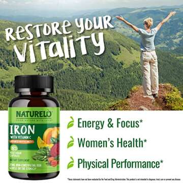 NATURELO Vegan Iron Supplement with Vitamin C and Organic Whole Foods - Gentle Iron Pills for Women & Men with Iron Deficiency Including Pregnancy, Anemia and Vegan Diets - 180 Mini Capsules