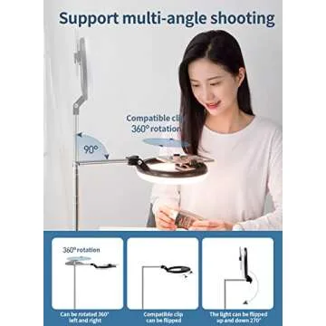 yAyusi Overhead Phone Mount with Portable Ring Light, 360° Rotation Phone Stand for Recording, 1800 mAh Battery Operated Travel Cordless Ring Light for Video Recording/Makeup/YouTube/TikTok