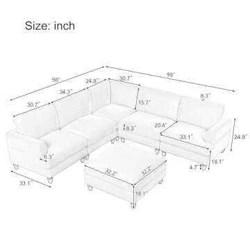 WILLIAMSPACE 98" Modular Sectional Sofa Couch with Ottoman, Modern Upholstered 5 Seater Sectional Co...