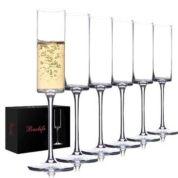 BACLIFE Crystal Champagne Flutes Set of 6 - Hand Blown Champagne Glasses With Long Stem - Elegant Sp...