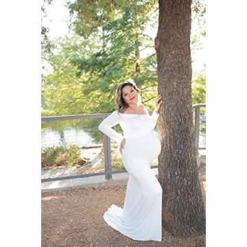 Saslax Maternity Elegant Fitted Maternity Gown Long Sleeve Slim Fit Maxi Photography Dress White 02 M