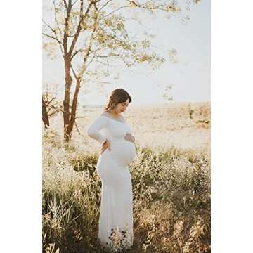 Saslax Maternity Elegant Fitted Maternity Gown Long Sleeve Slim Fit Maxi Photography Dress White 02 M
