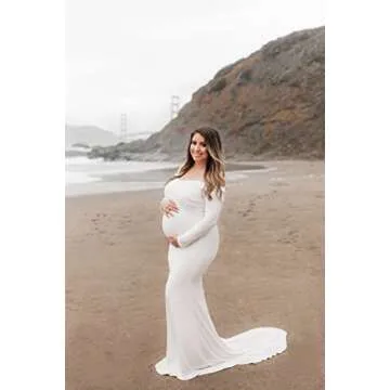 Saslax Maternity Elegant Fitted Maternity Gown Long Sleeve Slim Fit Maxi Photography Dress White 02 M