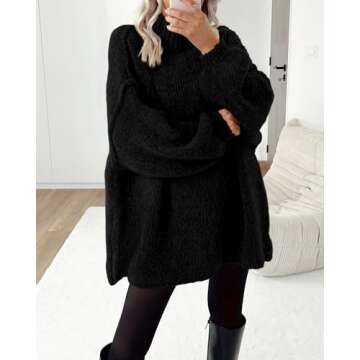BTFBM Women's Long Pullover Sweaters 2025 Fall Winter Mock Neck Long Sleeve Thick Oversized Casual Knitted Jumper Tops(Black, Large)
