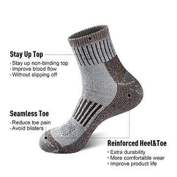 ECOEY Men's Merino Wool Cushioned Hiking Trekking Socks 4 Pairs, Quarter Length with Moisture Wickin...