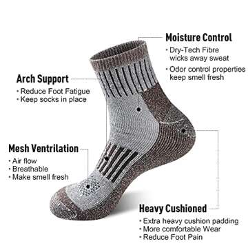 ECOEY Men's Merino Wool Cushioned Hiking Trekking Socks 4 Pairs, Quarter Length with Moisture Wicking (Coffee, US Shoe Size: Men 12-15/Women 13.5-15.5)