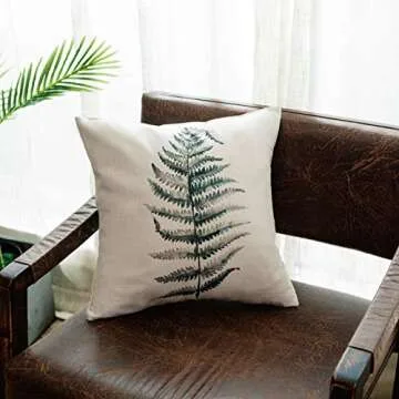 YeeJu Set of 4 Throw Pillow Covers Decorative Green Fern Leaf Cushion Covers Square Cotton Linen Outdoor Couch Sofa Home Pillow Covers 16x16 Inch