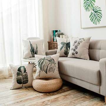 YeeJu Set of 4 Throw Pillow Covers Decorative Green Fern Leaf Cushion Covers Square Cotton Linen Outdoor Couch Sofa Home Pillow Covers 16x16 Inch