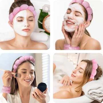 Spa Headbands for Washing Face Wristband Set Sponge Makeup Skincare Headband Wrist Towels Bubble Soft Terry Towel Cloth Hairband for Women Puffy Headwear Non Slip Thick Hair Headwear (Pink)