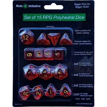 Role 4 Initiative Set of 15 Large High-Visibility Polyhedral Dice: Translucent Red with Gold Numbers (3d4 4d6 2d8 1d10 1d% 1d12 3d20)