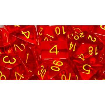 Role 4 Initiative Set of 15 Large High-Visibility Polyhedral Dice: Translucent Red with Gold Numbers (3d4 4d6 2d8 1d10 1d% 1d12 3d20)