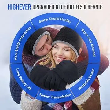 HIGHEVER Bluetooth Beanie Hat Stocking Stuffers for Men Women V5.0 Wireless Musical Bluetooth Cap Beanie with Speaker for Outdoor Winter Sport Tech Birthday Mens Gifts for Him/Teens/Boys/Girls Black