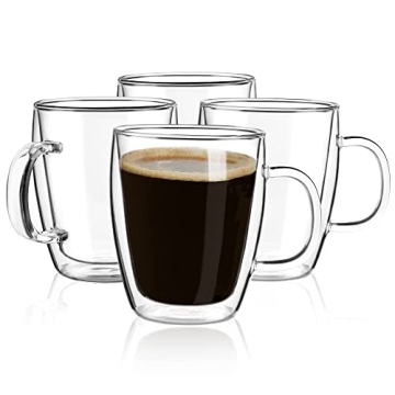 YUNCANG Double Wall Coffee Mugs, (4-Pcak) 16 Ounces-Clear Glass with Handle,lnsulated,Cappuccino,Tea...