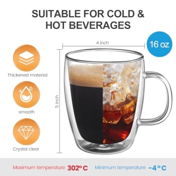 YUNCANG Double Wall Coffee Mugs, (4-Pcak) 16 Ounces-Clear Glass with Handle,lnsulated,Cappuccino,Tea,LatteCups,Beverage Glasses Heat Resistant