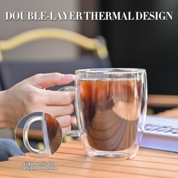 YUNCANG Double Wall Coffee Mugs, (4-Pcak) 16 Ounces-Clear Glass with Handle,lnsulated,Cappuccino,Tea,LatteCups,Beverage Glasses Heat Resistant