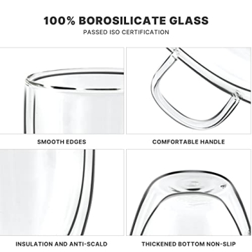 YUNCANG Double Wall Coffee Mugs, (4-Pcak) 16 Ounces-Clear Glass with Handle,lnsulated,Cappuccino,Tea,LatteCups,Beverage Glasses Heat Resistant