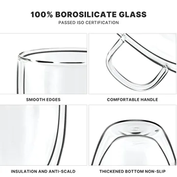 YUNCANG Double Wall Coffee Mugs, (4-Pcak) 16 Ounces-Clear Glass with Handle,lnsulated,Cappuccino,Tea,LatteCups,Beverage Glasses Heat Resistant