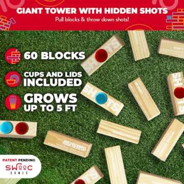 SWOOC Games - Giant Tower Party Game with Hidden Jello Shots - Includes Disposable Cups, Lids & Carr...
