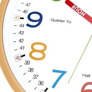 Foxtop Learning Clock for Kids - Telling Time Teaching Clock 12 Inch Silent Non-Ticking Battery Operated Kids Wall Clock for Classroom Playroom Nursery Kids Room Bedroom School
