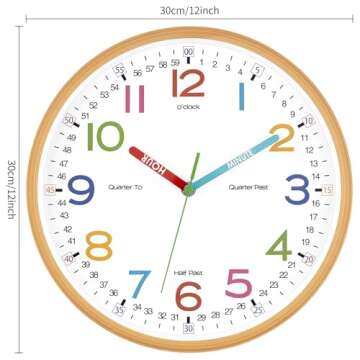 Foxtop Learning Clock for Kids - Telling Time Teaching Clock 12 Inch Silent Non-Ticking Battery Operated Kids Wall Clock for Classroom Playroom Nursery Kids Room Bedroom School