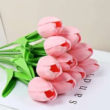 Gowwfud 20pcs Artificial Tulips PU Touch Single Stem Fake Flower Bouquet Arrangement for Home Party Wedding Decoration (Pink)