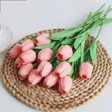 Gowwfud 20pcs Artificial Tulips PU Touch Single Stem Fake Flower Bouquet Arrangement for Home Party Wedding Decoration (Pink)