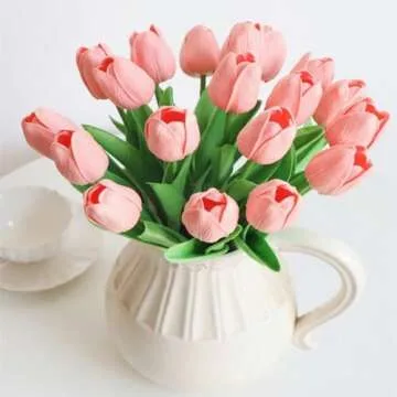 Gowwfud 20pcs Artificial Tulips PU Touch Single Stem Fake Flower Bouquet Arrangement for Home Party Wedding Decoration (Pink)
