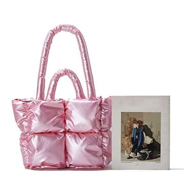 Puffer Tote Bag for Women Quilted Puffy Handbag Light Winter Down Cotton Padded Shoulder Bag Down Padding Tote Bag with Inner Zip Pocket
