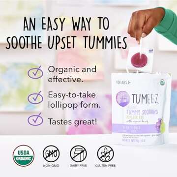 Tumeez Organic Lollipops for Upset Stomach Relief– Variety Pack Perfect for Motion Sickness, Indig...