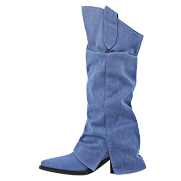 Yolkomo Women's Denim Cowboy Boots - Chic Wide Calf Embroidered Design